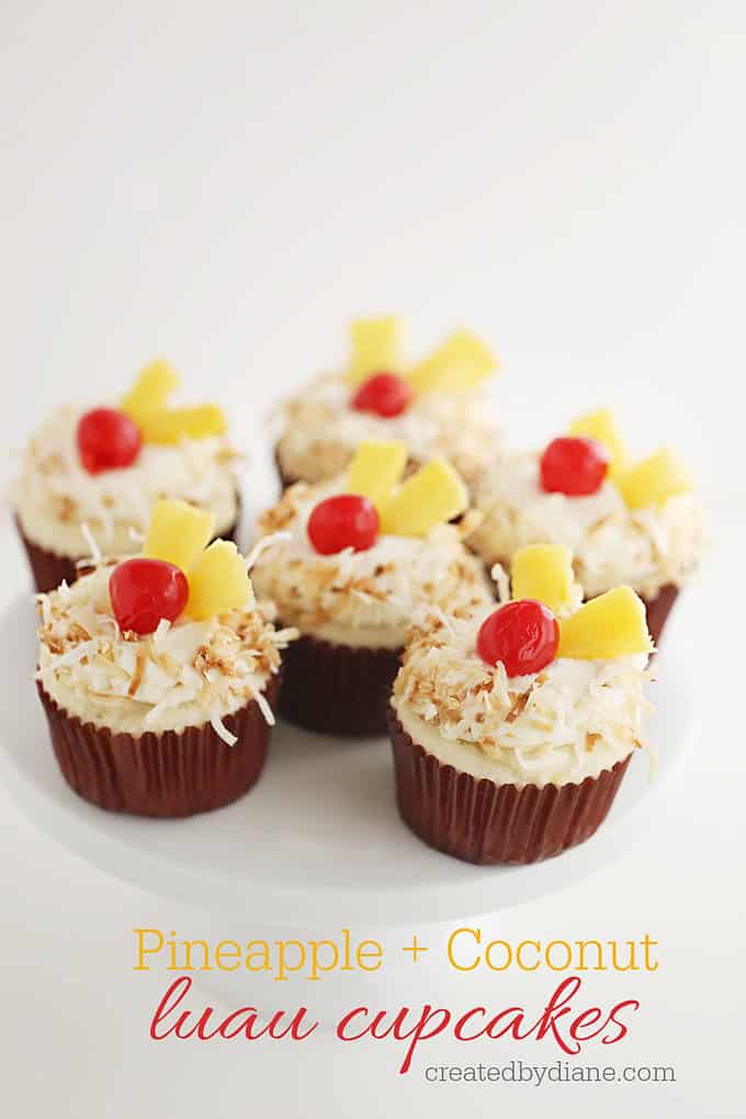 pineapple and coconut cupcakes, toasted coconut, luau createdbydiane.com