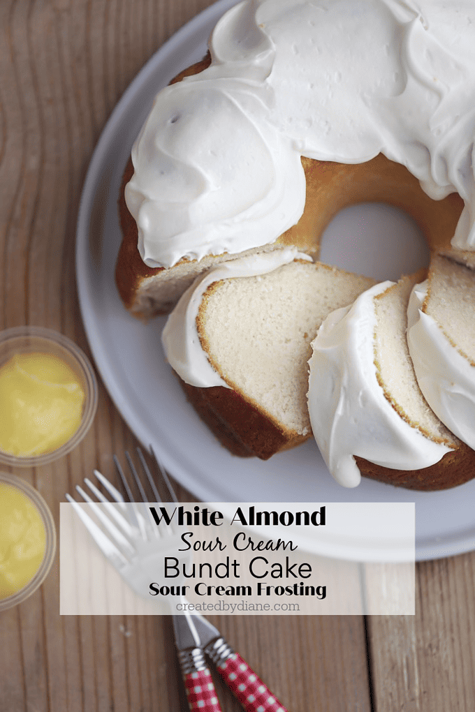 white almond sour cream bundt cake with sour cream frosting recipe from createdbydiane.com