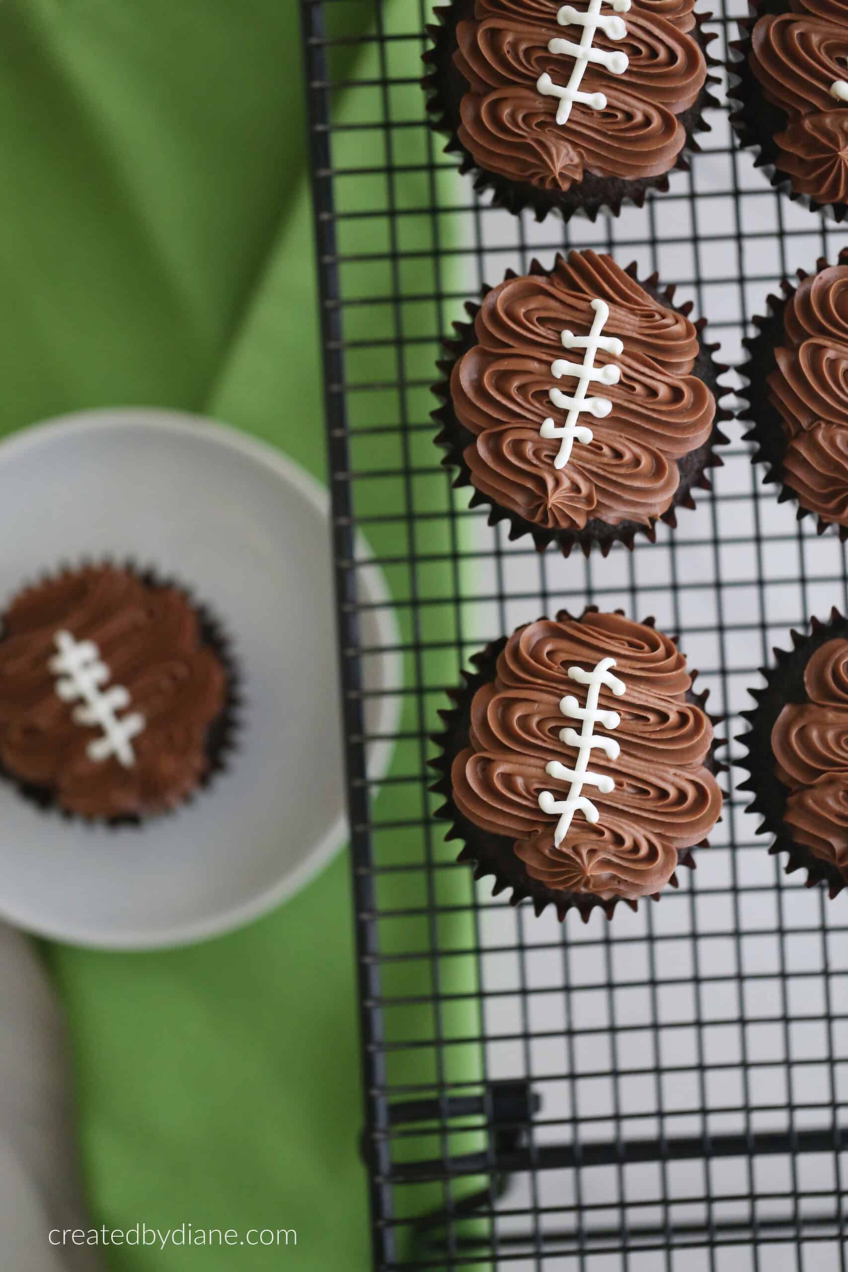 football frosting on cupcakes , game day, superbowl, end of season party, pop warner, createdbydiane.com